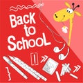 Style comics cartoon about school. Back to school vector illustration. For the youngest children. The giraffe is getting ready f
